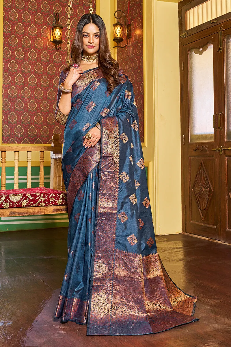 Assemblage Navy Blue Soft Banarasi Silk Saree With Beleaguer Blouse Piece