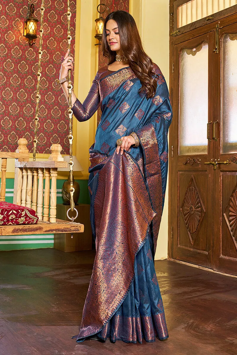 Assemblage Navy Blue Soft Banarasi Silk Saree With Beleaguer Blouse Piece