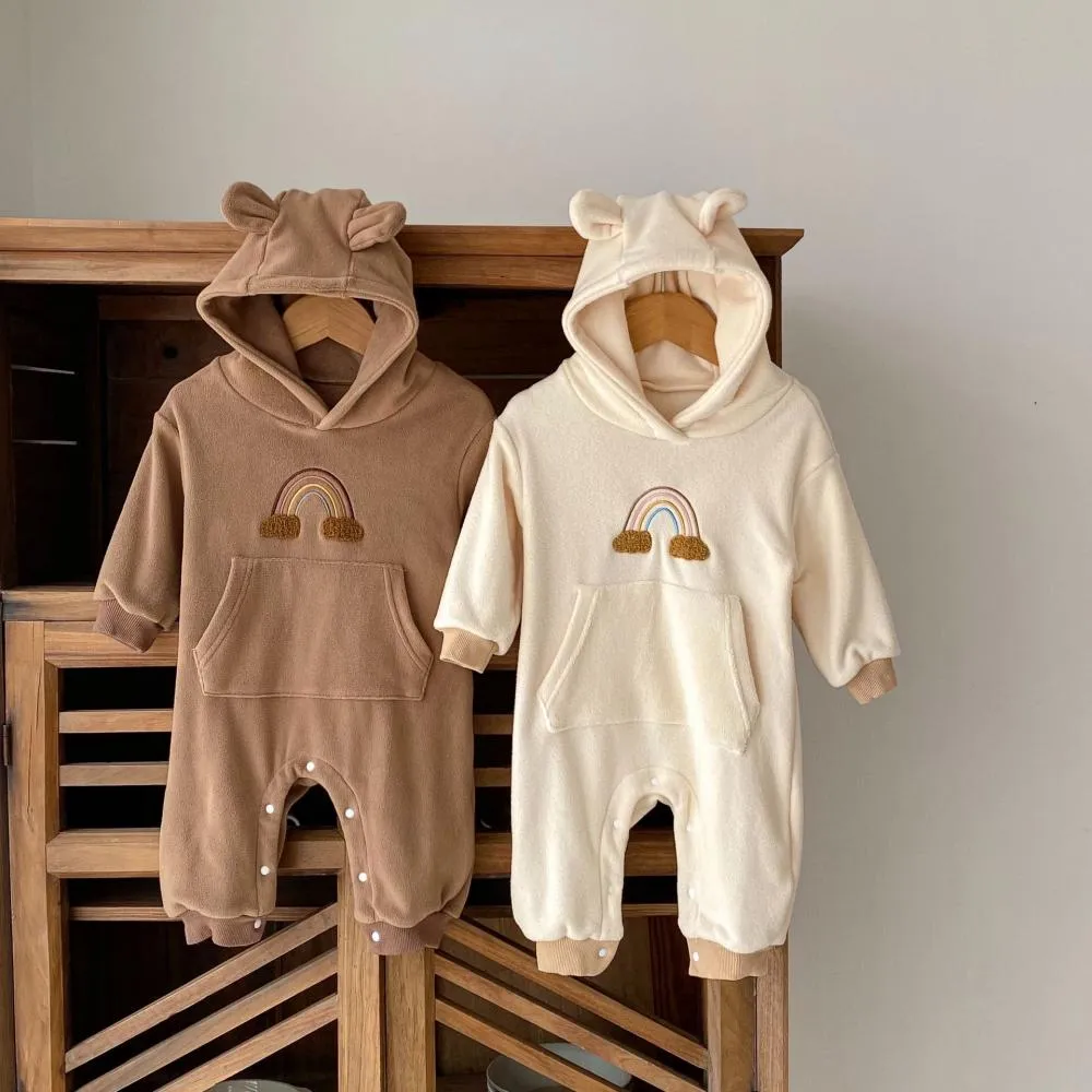 Autumn and Winter Baby Rainbow Embroidered Plush Long-sleeved Romper Wholesale Baby Clothes