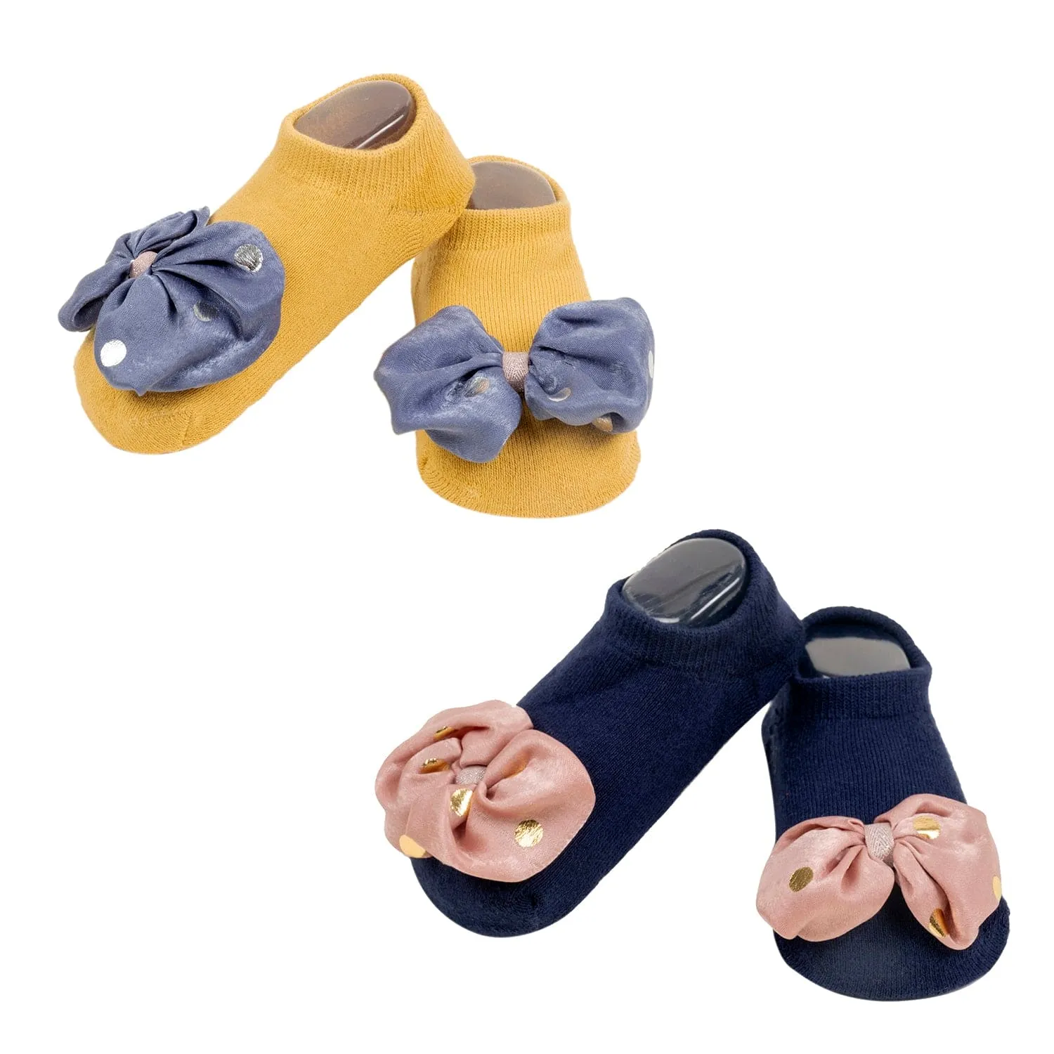 Baby Moo Butterfly Bow Anti Skid Ankle Length Toddlers Dress Up Walking Set of 2 Socks Booties - Navy Blue, Yellow