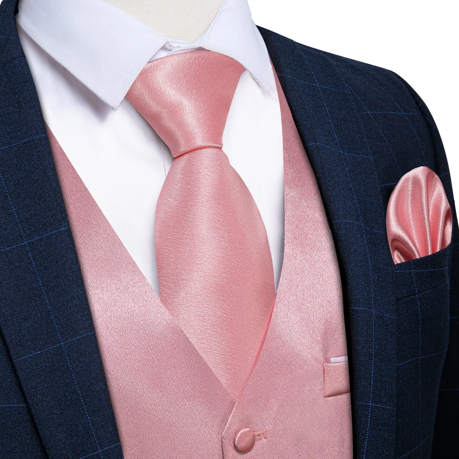 Baby Pink Solid Shining Silk Men Vest Necktie Bow Tie Handkerchief Cufflinks Set