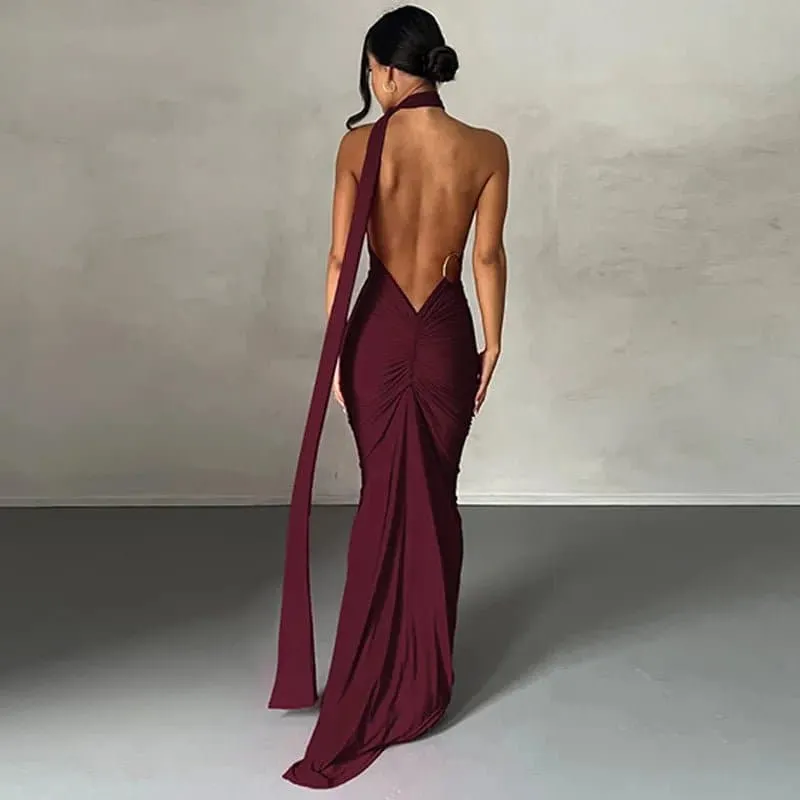 Backless Ruched Maxi Dress - Slim Fit, Sequined Bohemian Style