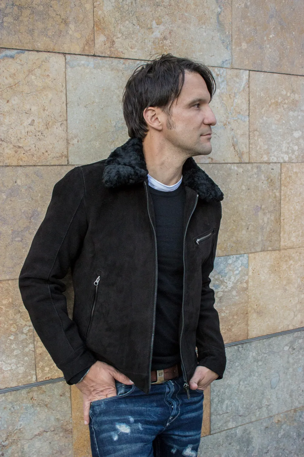 BELGRADE Black Suede Jacket Shearling Black Collar