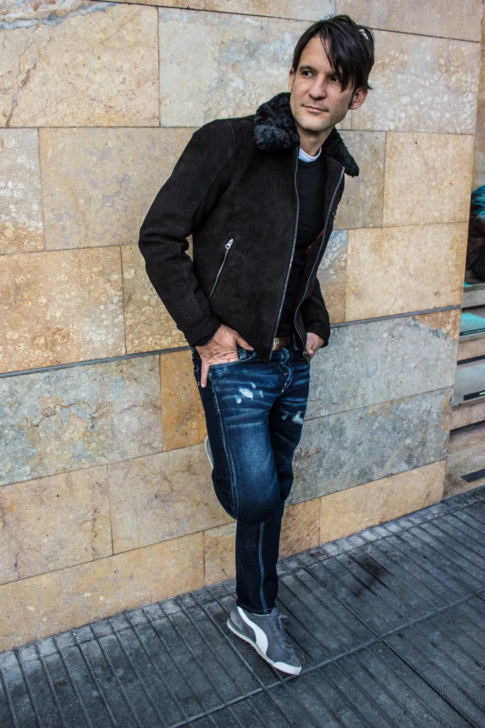 BELGRADE Black Suede Jacket Shearling Black Collar