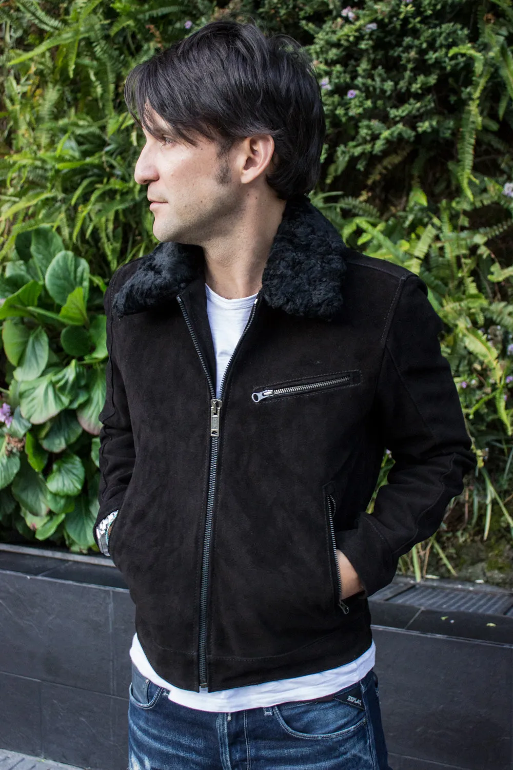 BELGRADE Black Suede Jacket Shearling Black Collar