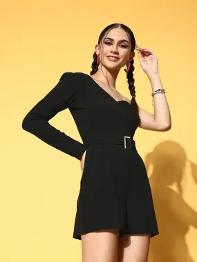 Berrylush Women Solid Black One-Shoulder Neck Long Sleeve Waist Belted Mini Jumpsuit