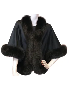 BLACK CASHMERE CAPE WITH FOX FUR TRIM