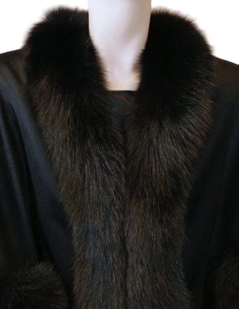 BLACK CASHMERE CAPE WITH FOX FUR TRIM