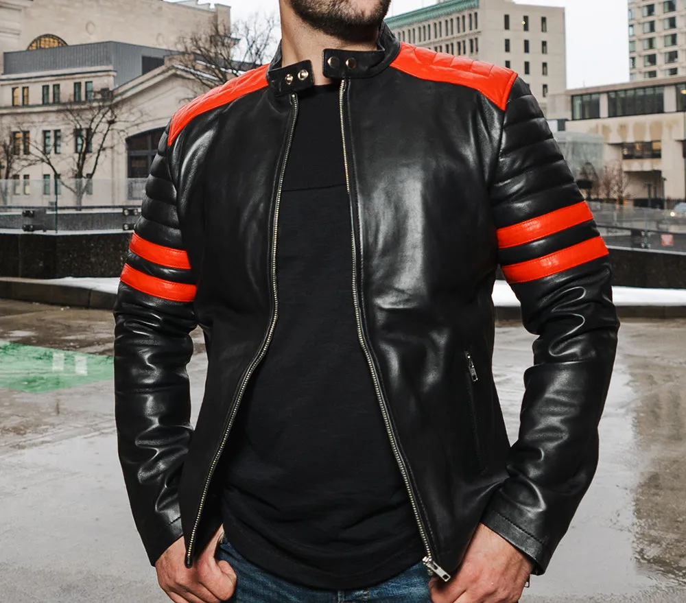 Black moto style jacket with shoulder and arm patches