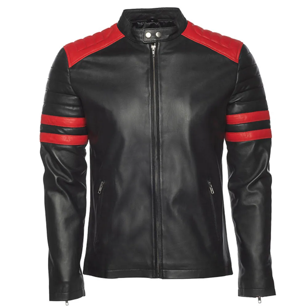 Black moto style jacket with shoulder and arm patches