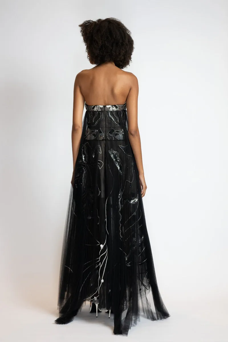 Black Rhyme Embroidered Tulle Strapless Evening Dress