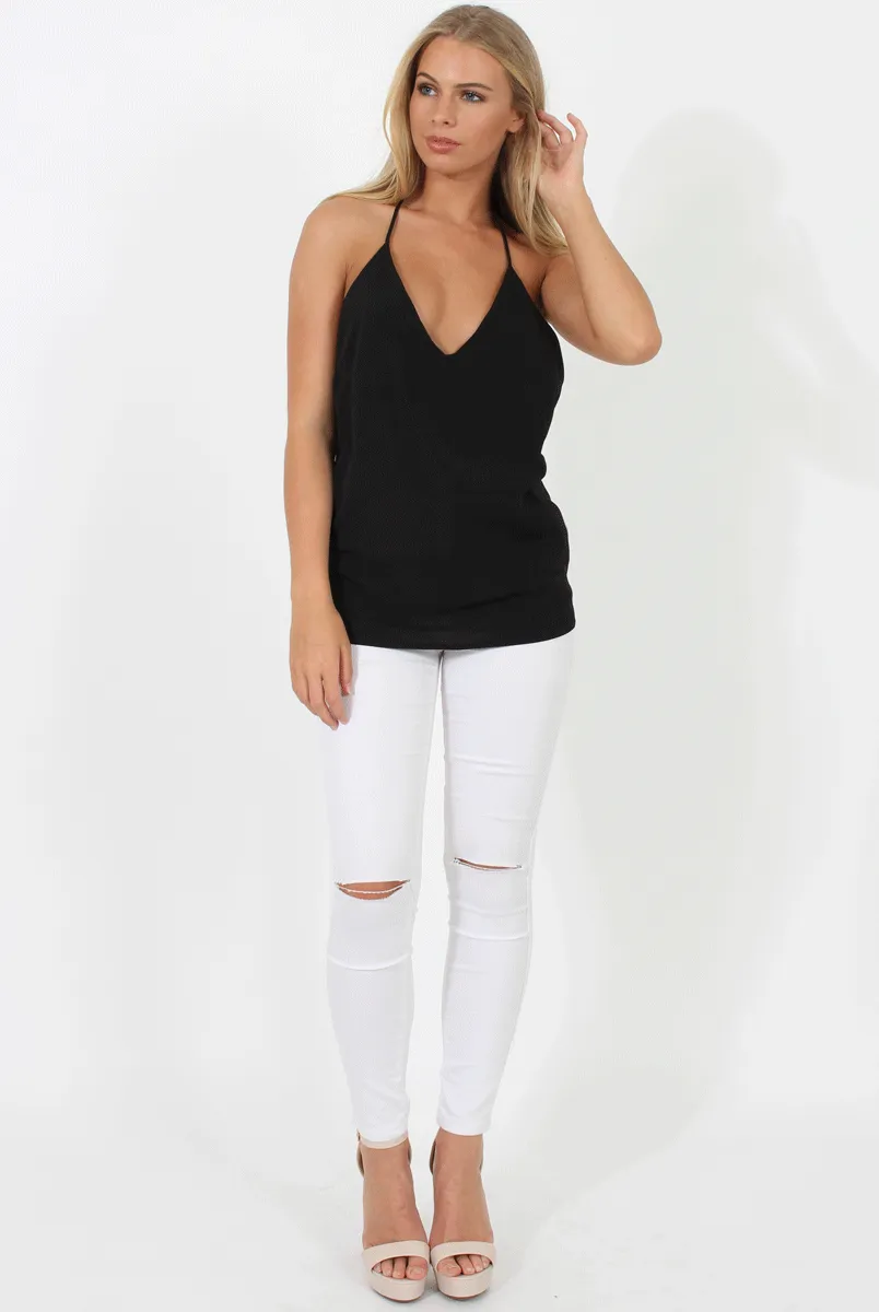 Black V Neck Strappy back Detail Vest - Huyen