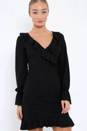 Black Wrap Mini Dress with Frills - Maleigh