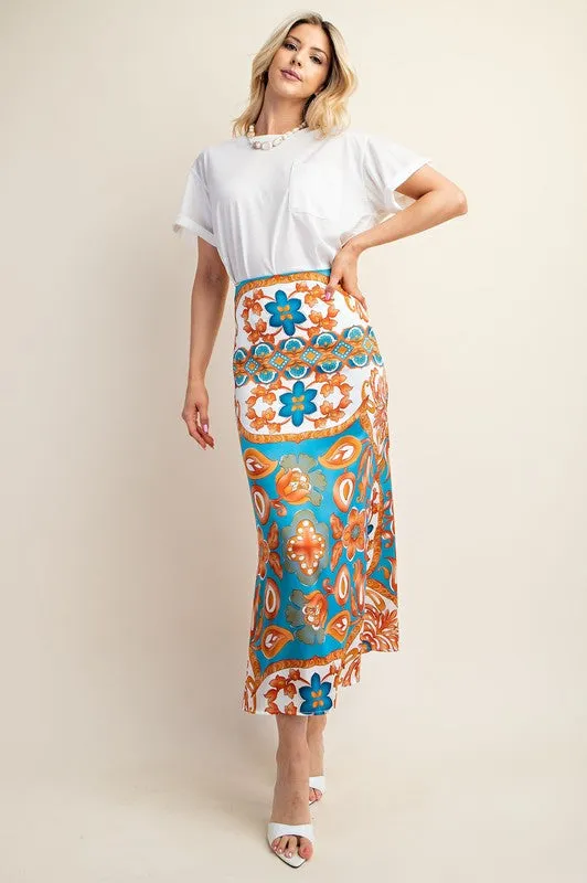 Blue Colorful Printed Satin Midi Skirt