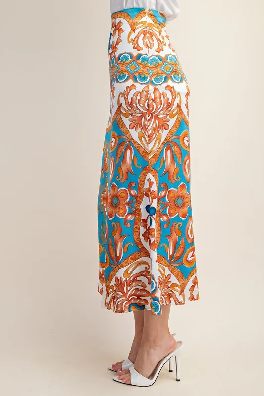 Blue Colorful Printed Satin Midi Skirt