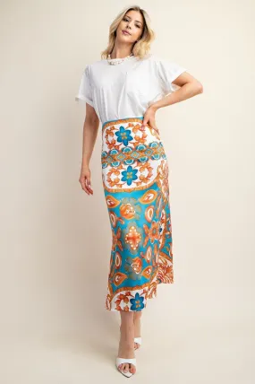 Blue Colorful Printed Satin Midi Skirt