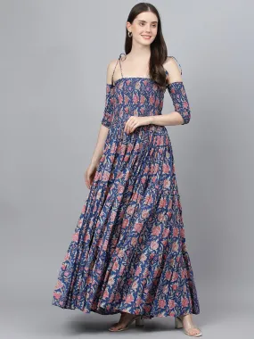 Blue Floral Printed Shoulder Strips Flared Long Dress