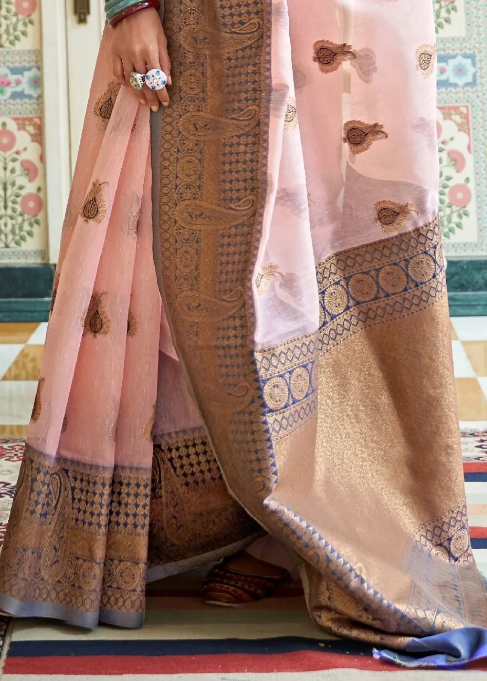 Blush Pink Woven Linen Silk Saree with Butti overall