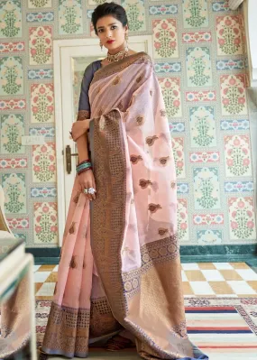 Blush Pink Woven Linen Silk Saree with Butti overall