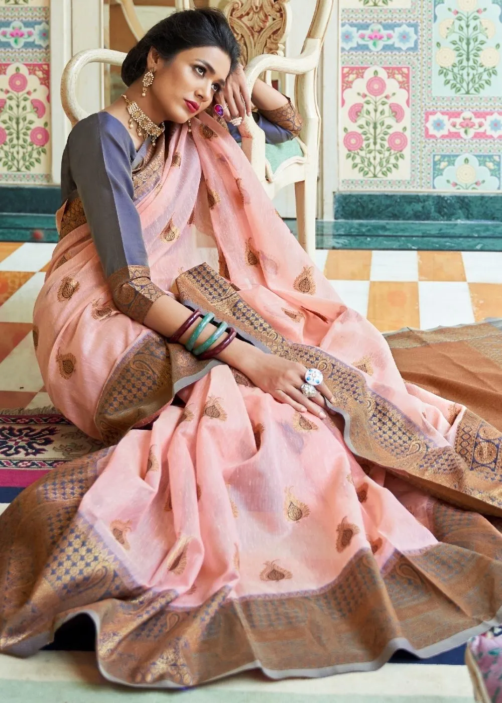 Blush Pink Woven Linen Silk Saree with Butti overall