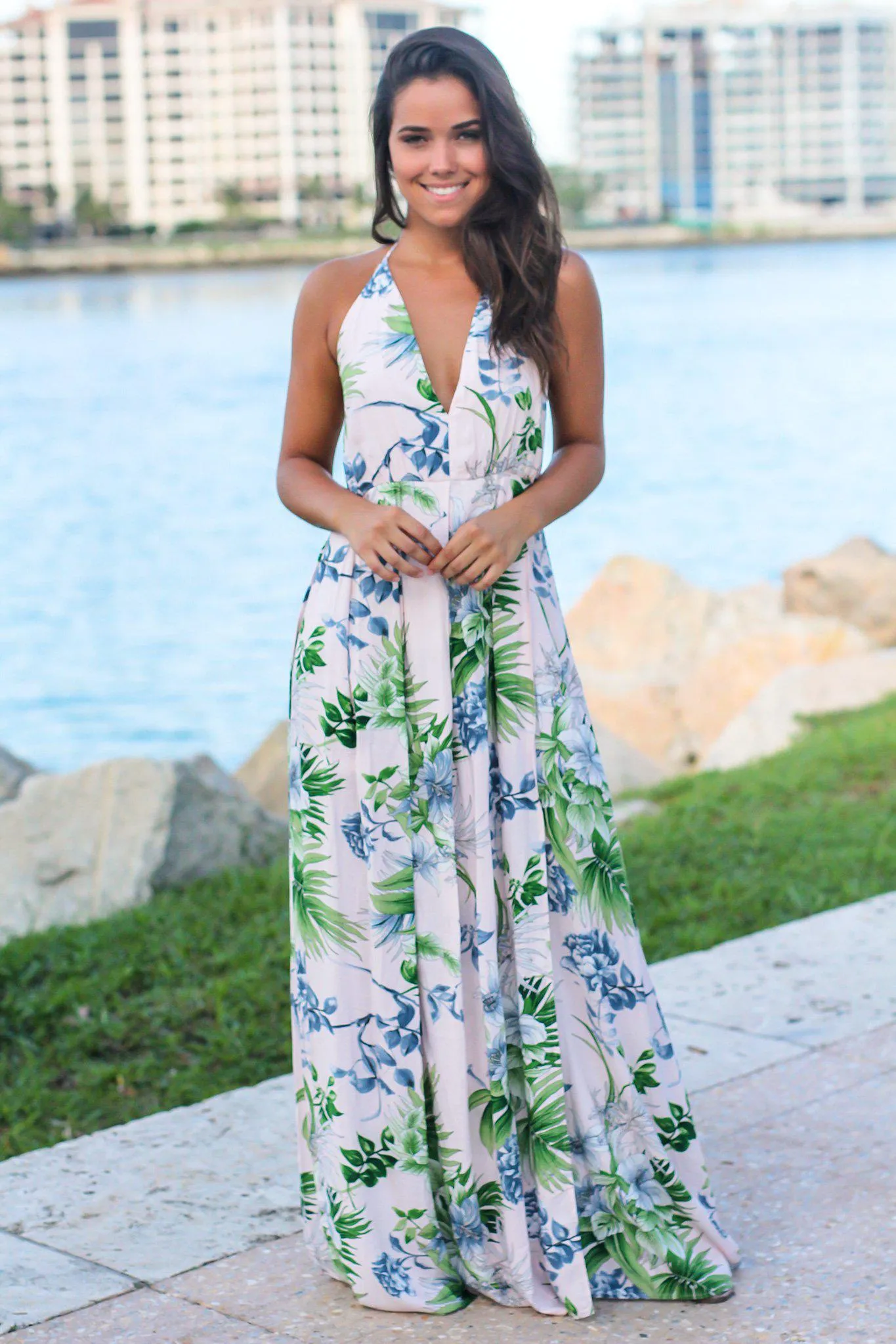 Blush Tropical Halter Neck Maxi Dress