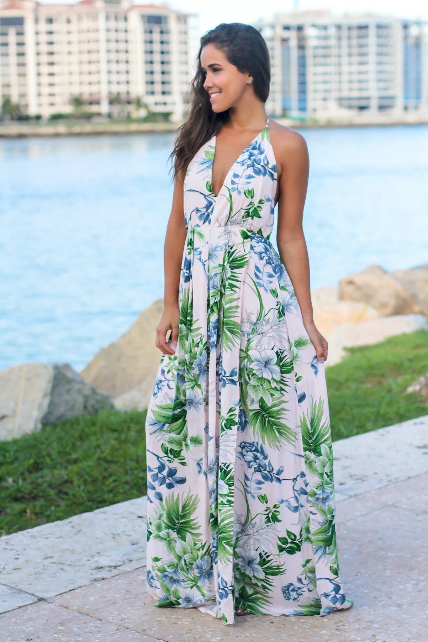 Blush Tropical Halter Neck Maxi Dress