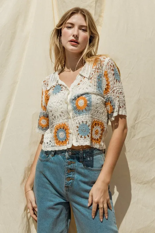 Bohemian Short Sleeve Button Front Crochet Top