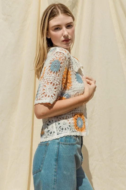 Bohemian Short Sleeve Button Front Crochet Top