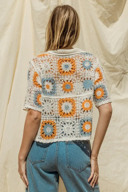 Bohemian Short Sleeve Button Front Crochet Top