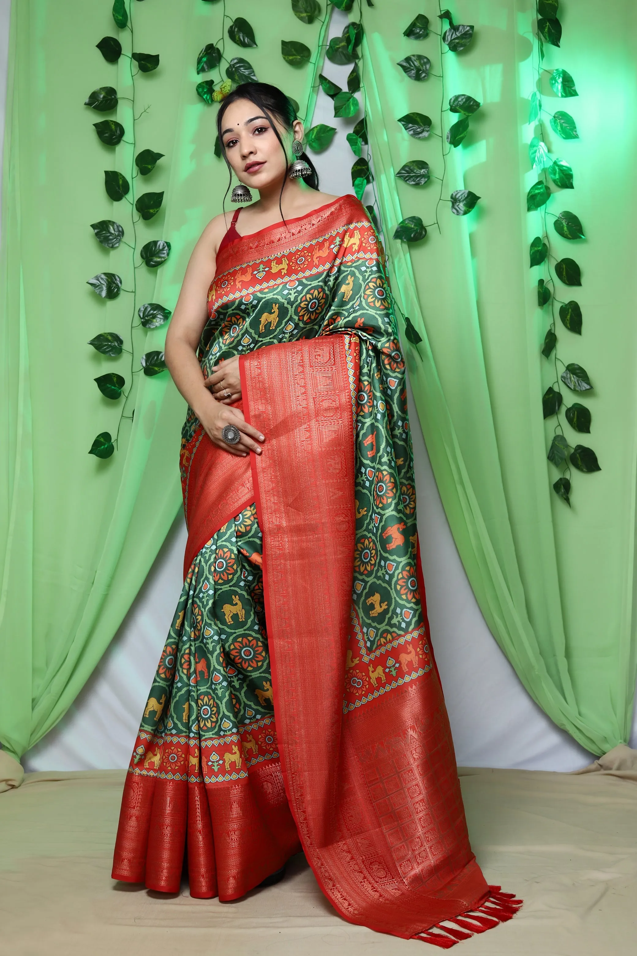 Bottle Green Patola Printed Woven Saree