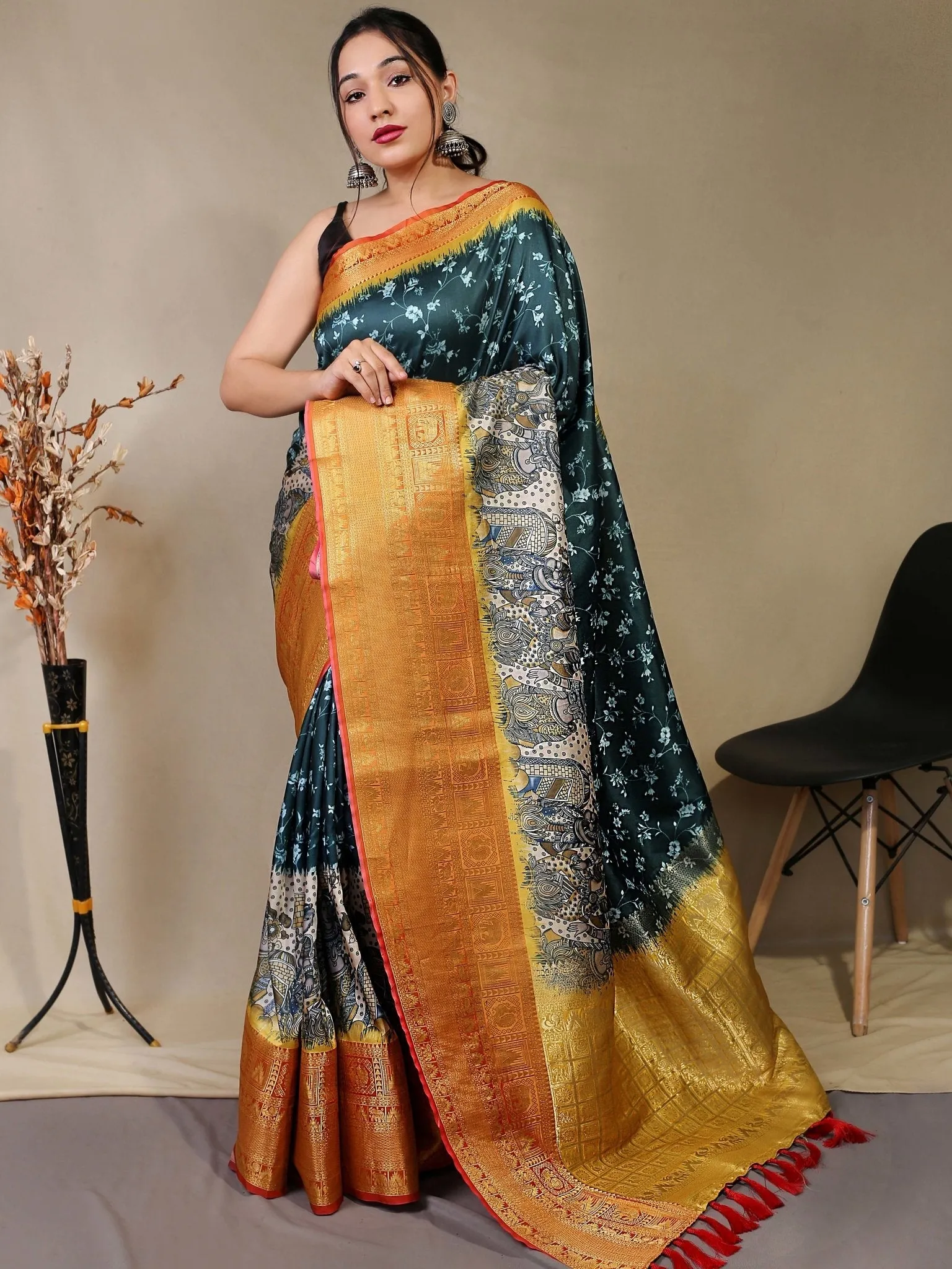 Bottle Green Saree in Floral Kalamkari Print