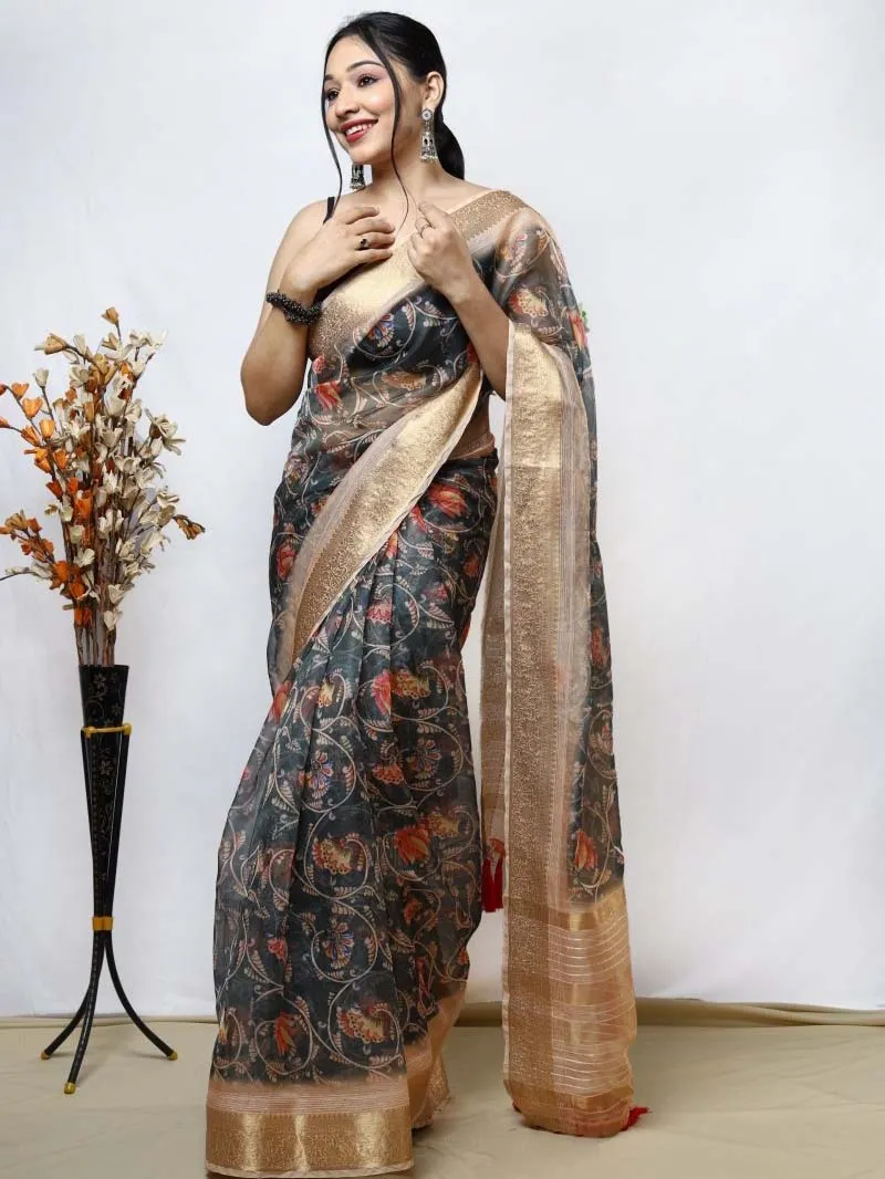 Bottle Green Saree in Organza Kalamkari Printed with Sequins Jacquard Woven