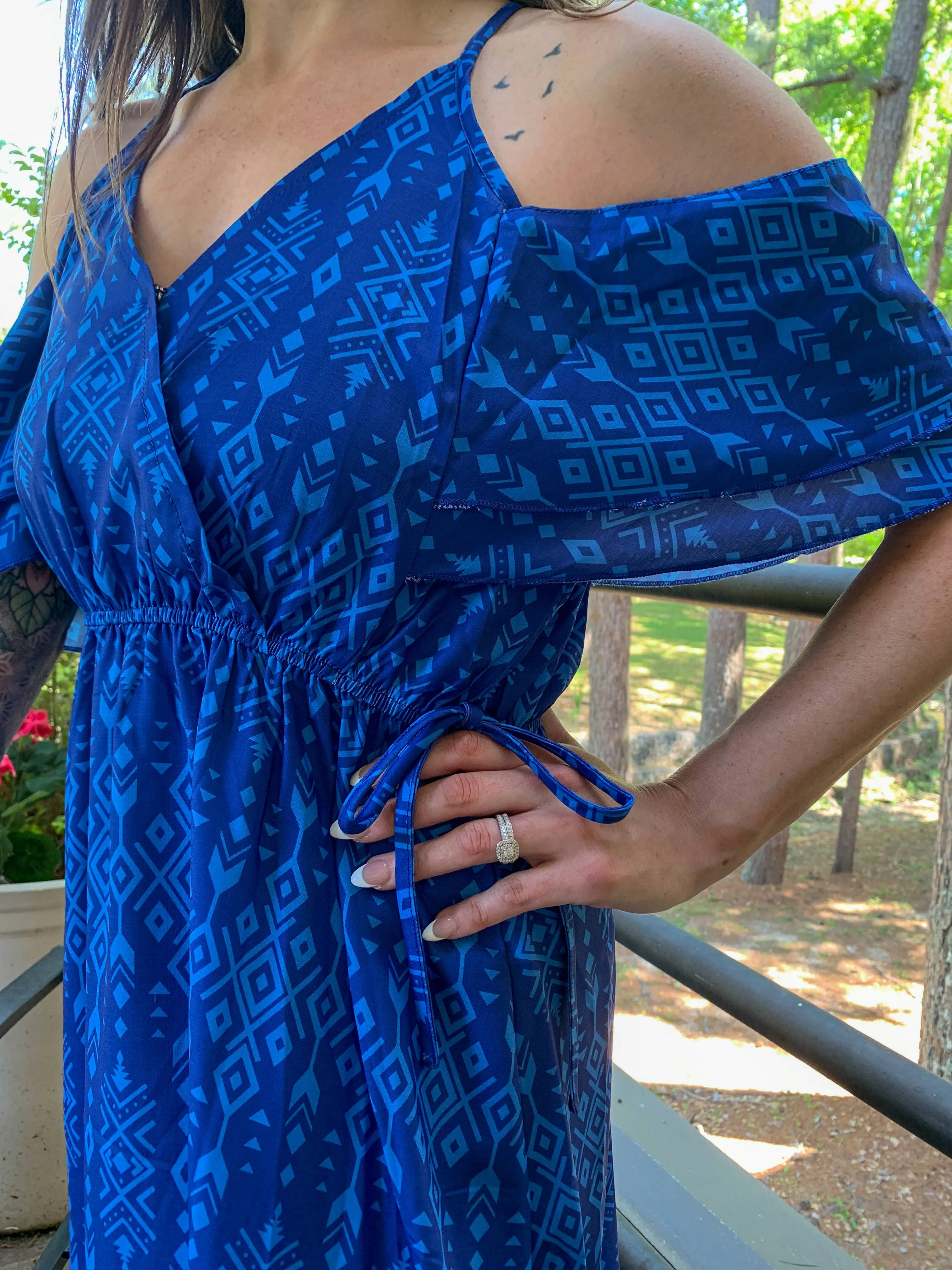 Broken Bow Cold Shoulder Maxi Dress - Blue Aztec