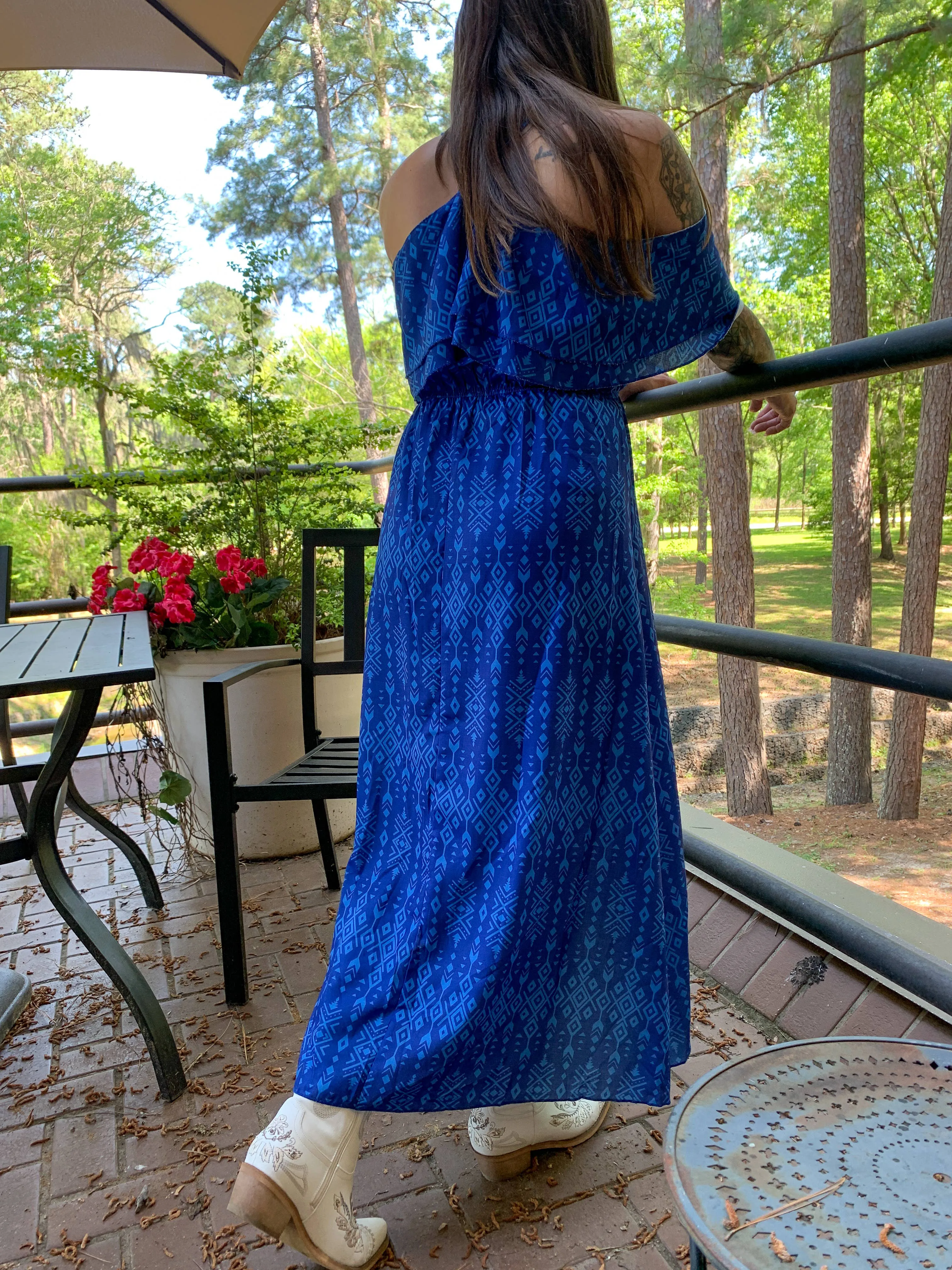 Broken Bow Cold Shoulder Maxi Dress - Blue Aztec