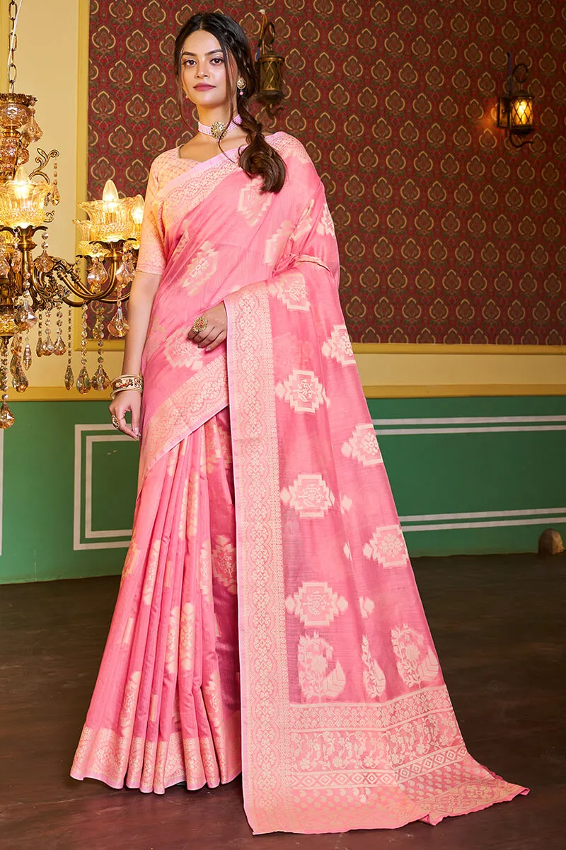 Brood Pink Linen Silk Saree With Chatoyant Blouse Piece