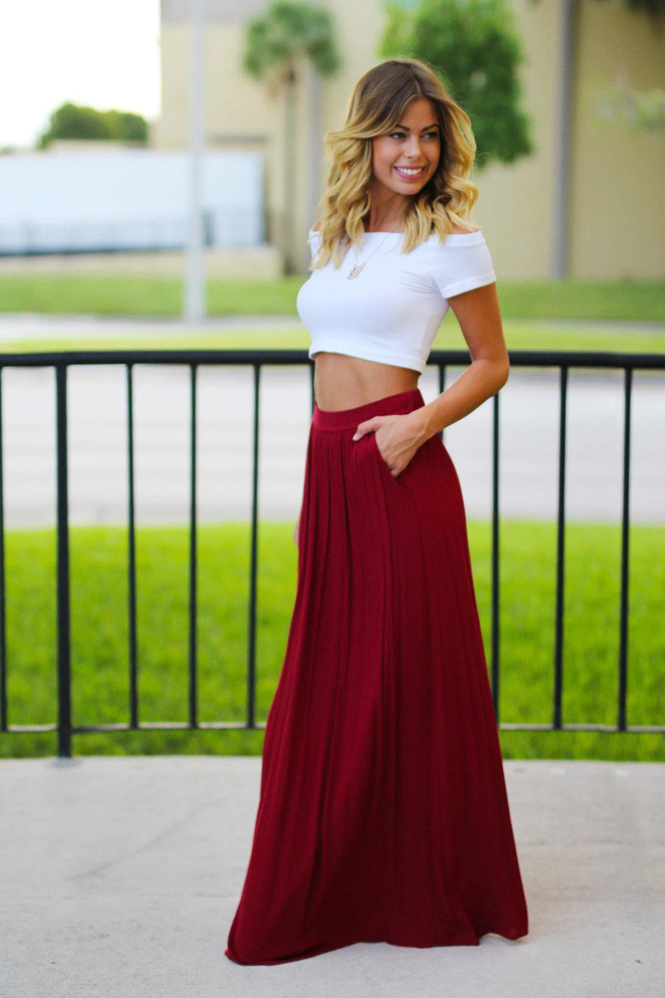 Burgundy Maxi Skirt with Pockets