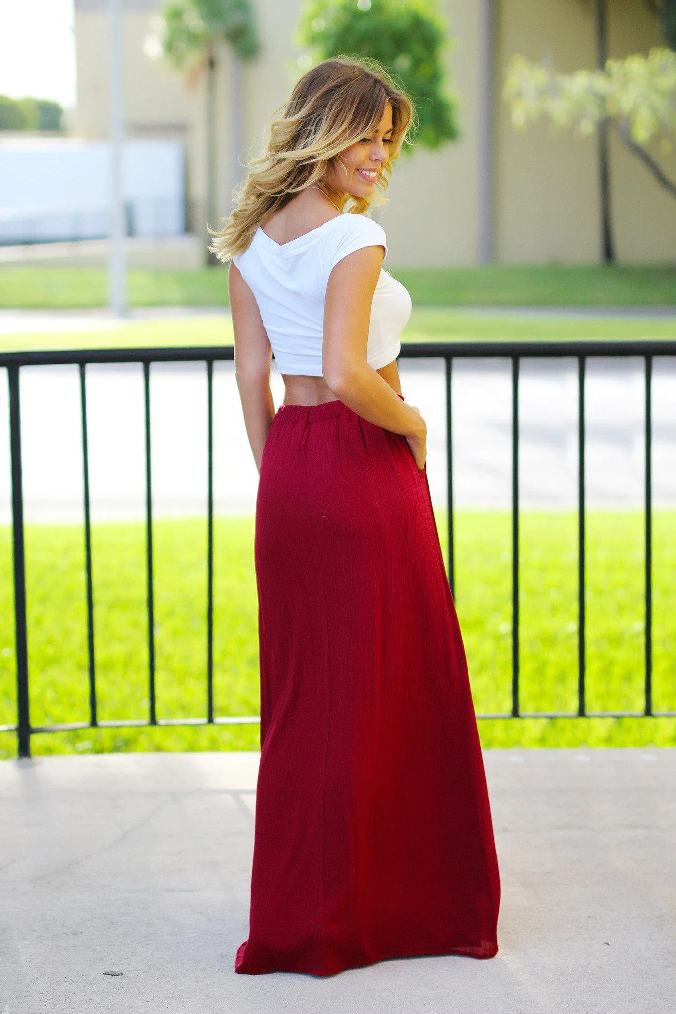 Burgundy Maxi Skirt with Pockets