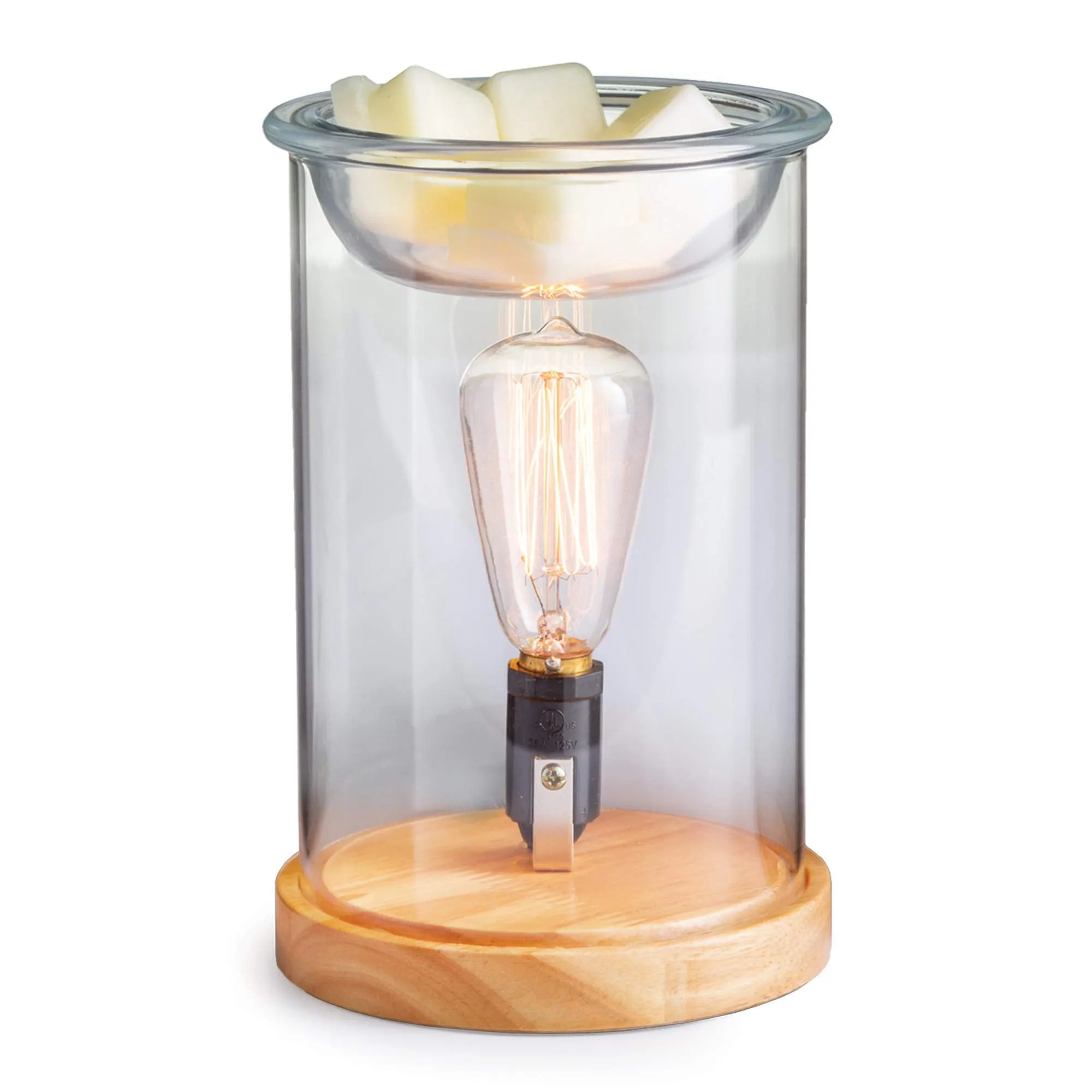 CANDLE WARMERS ETC. Vintage Bulb Illumination Fragrance Warmer- Light-Up Warmer for Warming Scented Candle Wax Melts and Tarts to Freshen Room, Light Wood and Clear Glass