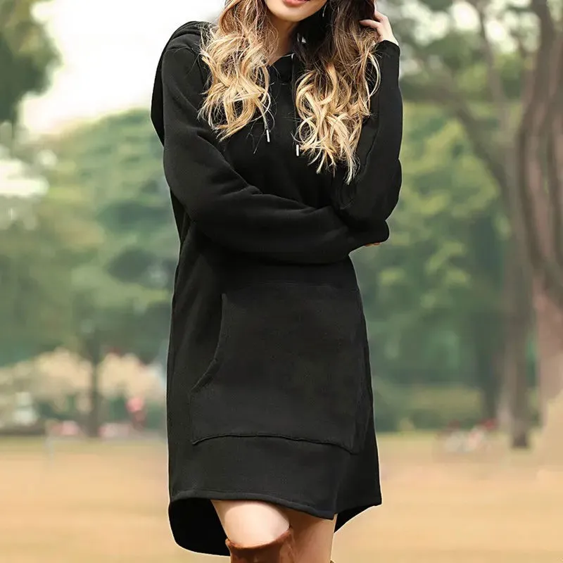 Casual Loose Solid Women Hoodies Long Style Sweatshirt Casual Pocket Oversized Hoodie kpop Hoody Dress Pullover