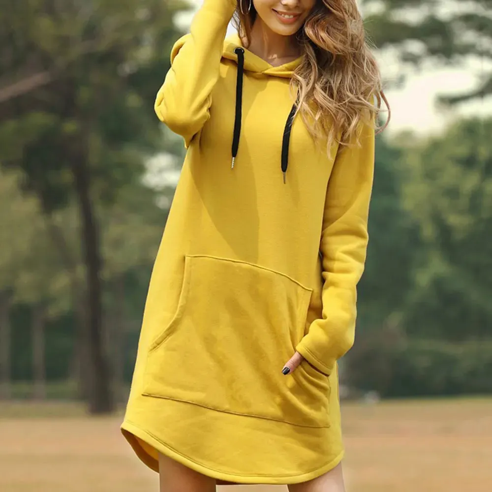 Casual Loose Solid Women Hoodies Long Style Sweatshirt Casual Pocket Oversized Hoodie kpop Hoody Dress Pullover