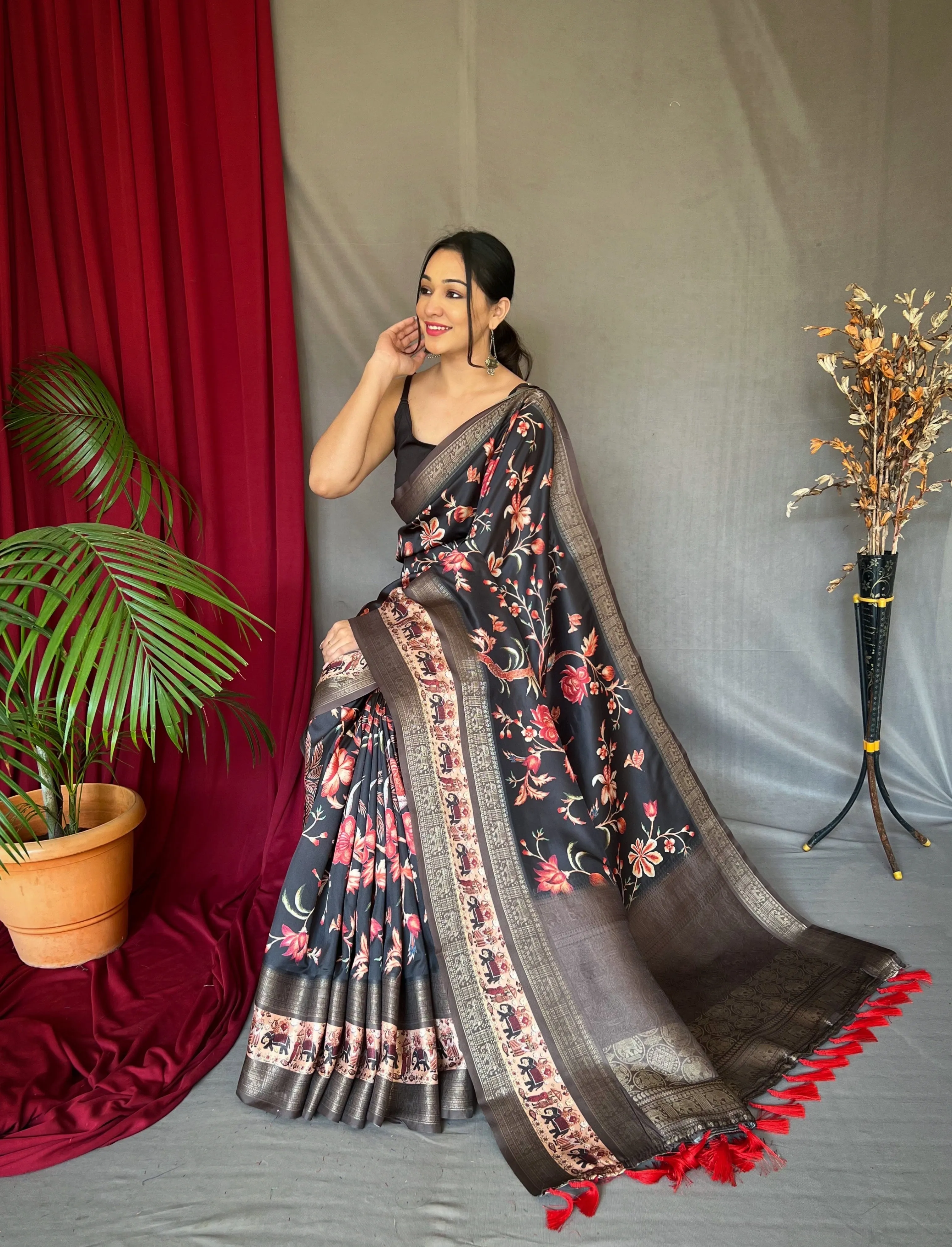 Charcoal Black Saree in Banarasi Silk Contrast Woven with Kalamkari Prints