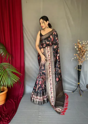 Charcoal Black Saree in Banarasi Silk Contrast Woven with Kalamkari Prints