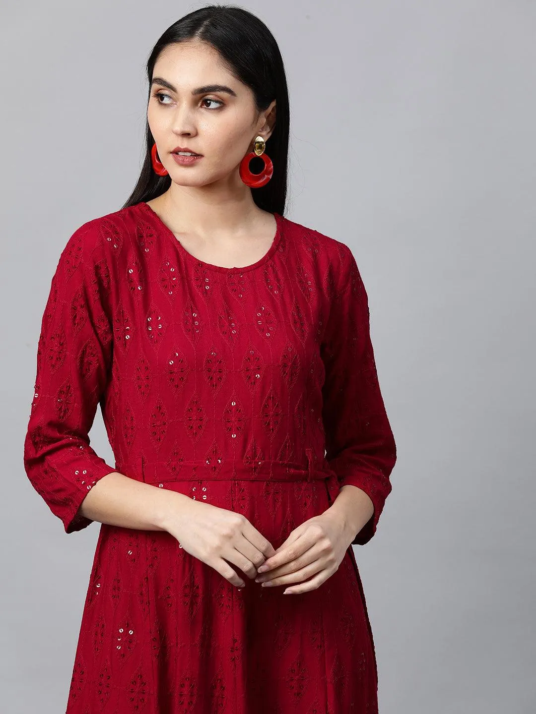 Chikankari Embroidered Maxi Dress with Jacket - Deep Red