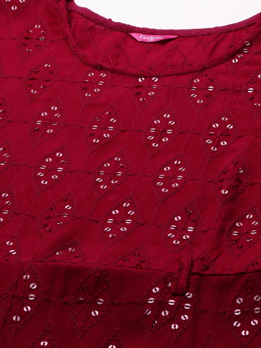 Chikankari Embroidered Maxi Dress with Jacket - Deep Red