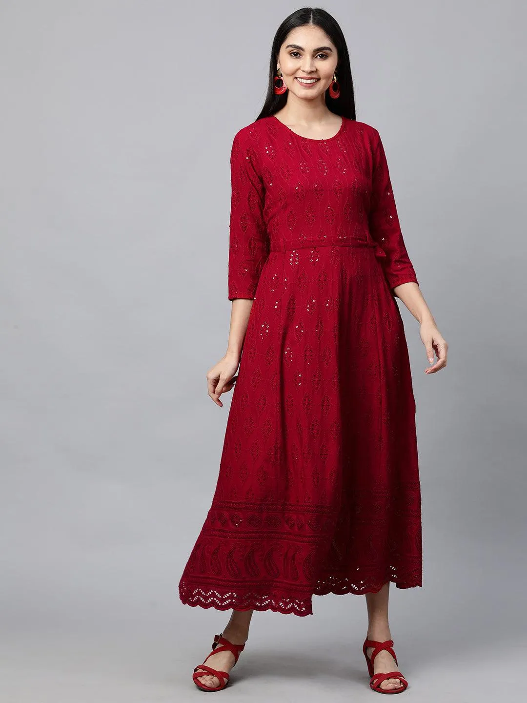 Chikankari Embroidered Maxi Dress with Jacket - Deep Red