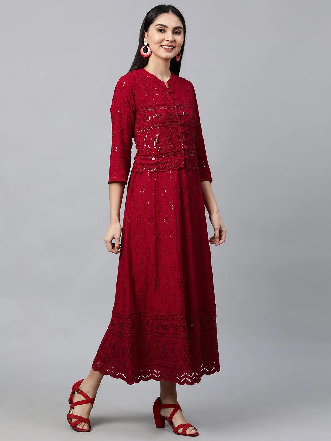 Chikankari Embroidered Maxi Dress with Jacket - Deep Red