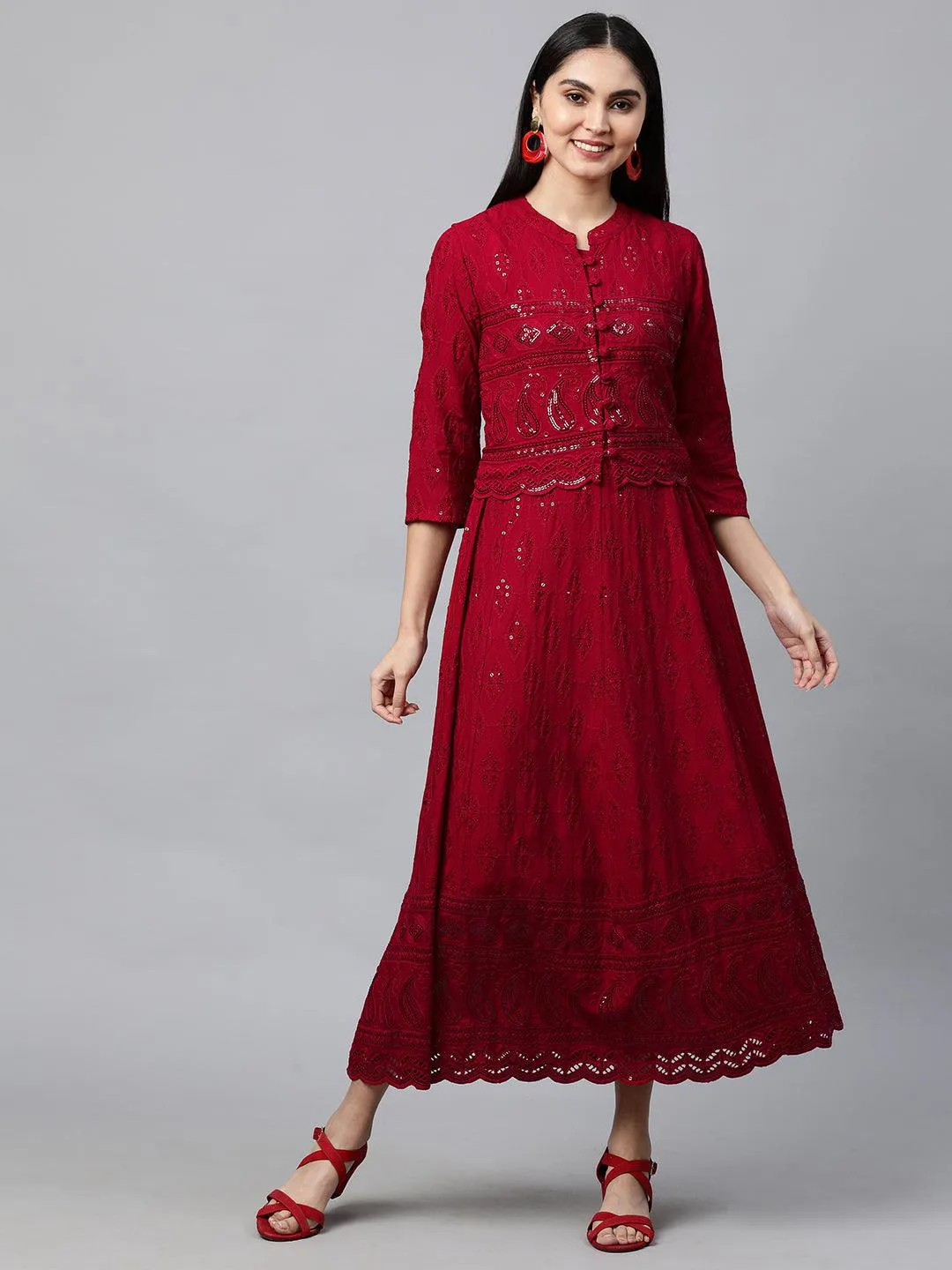 Chikankari Embroidered Maxi Dress with Jacket - Deep Red