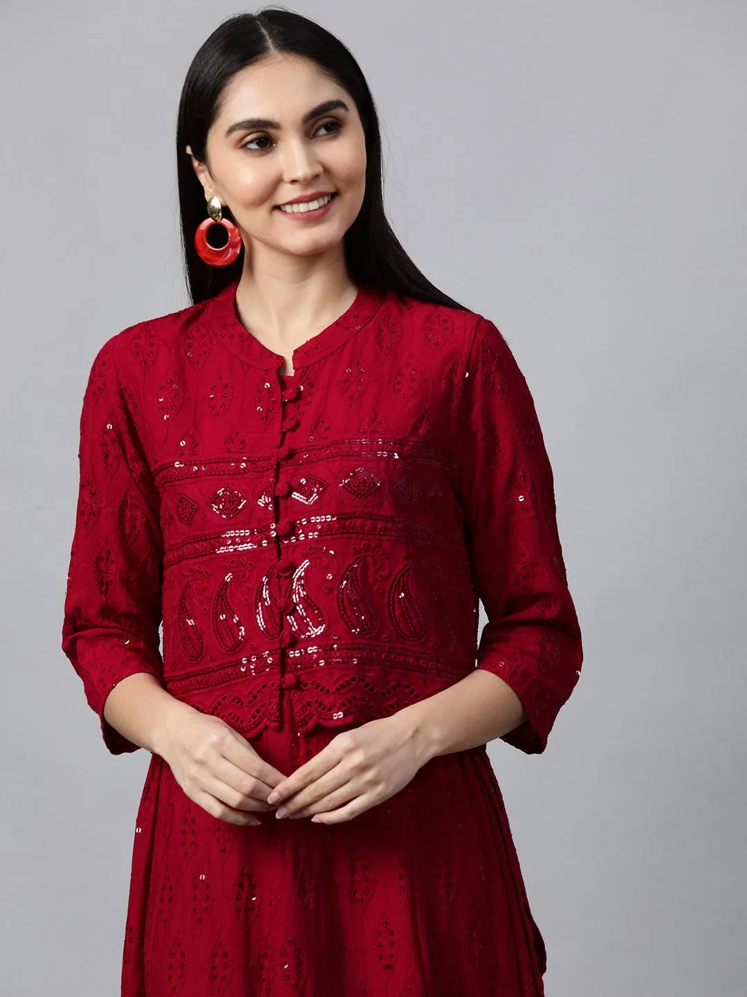 Chikankari Embroidered Maxi Dress with Jacket - Deep Red