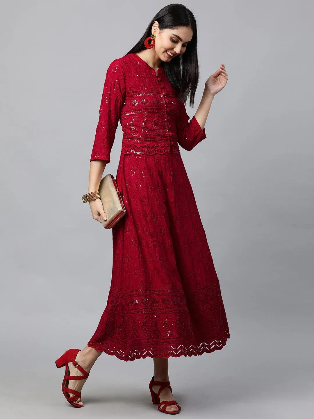 Chikankari Embroidered Maxi Dress with Jacket - Deep Red