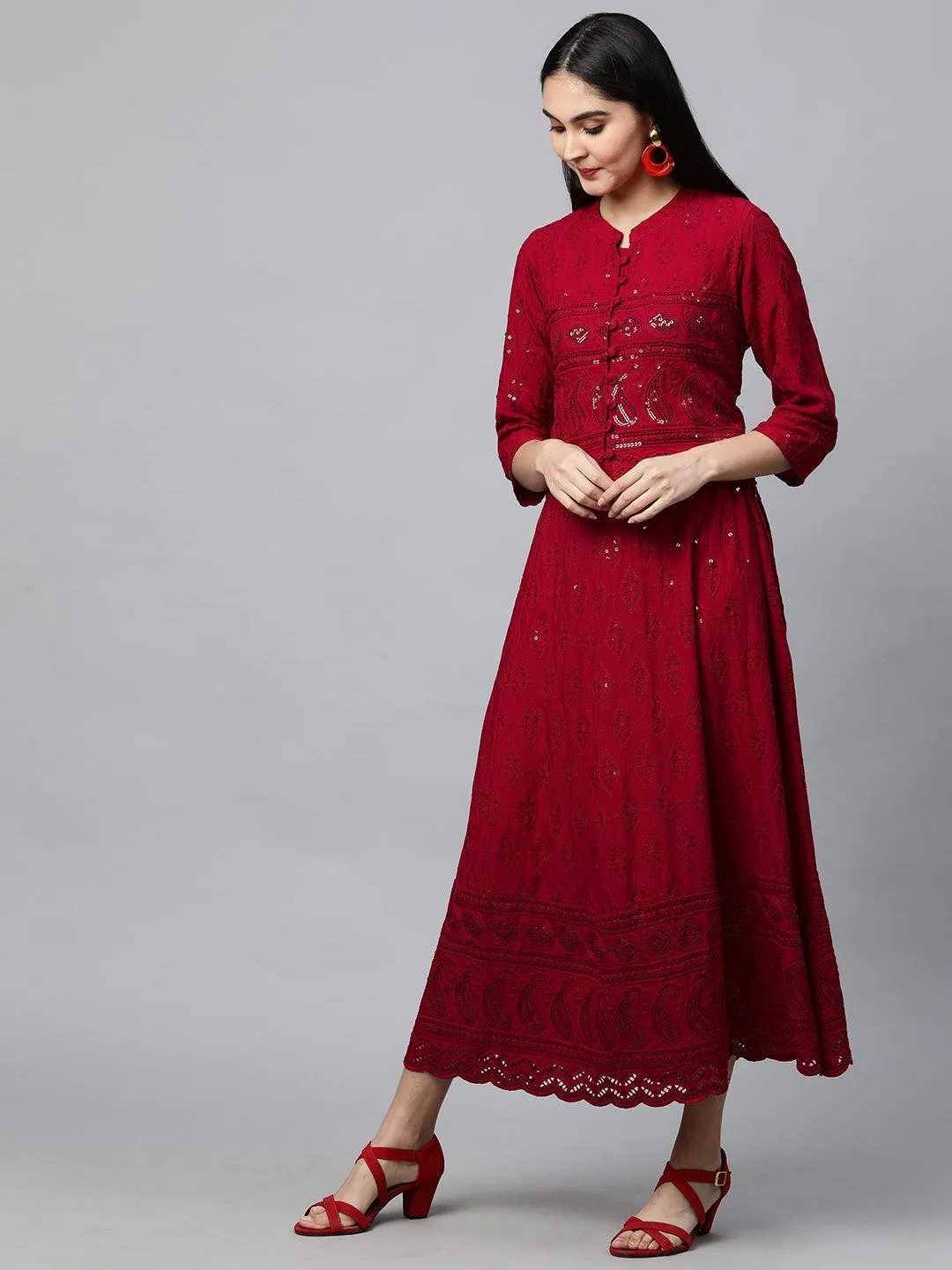 Chikankari Embroidered Maxi Dress with Jacket - Deep Red